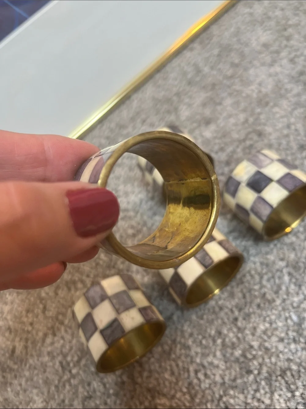 Checkerboard Napkin Rings Ivory and Gray Set of 5